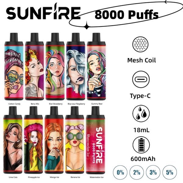 Sunfire originale in arrivo 8k puff 7000 9000 10000 12000 sbuffi barra di vaporizzazione usa e getta Magazzinaggio e sigaretta display a batteria da 600 mAh a vaporizzazione a vaporizzatori Atomizzatori desecabili