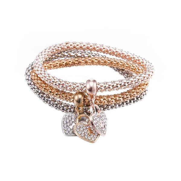 SET 3 PEZZI Bracciale con ciondoli Bracciale con chiave a cuore in oro 18 carati Cristallo di diamanti da gioielli Swarovski Regali Stile America Glorious BlingBling339H