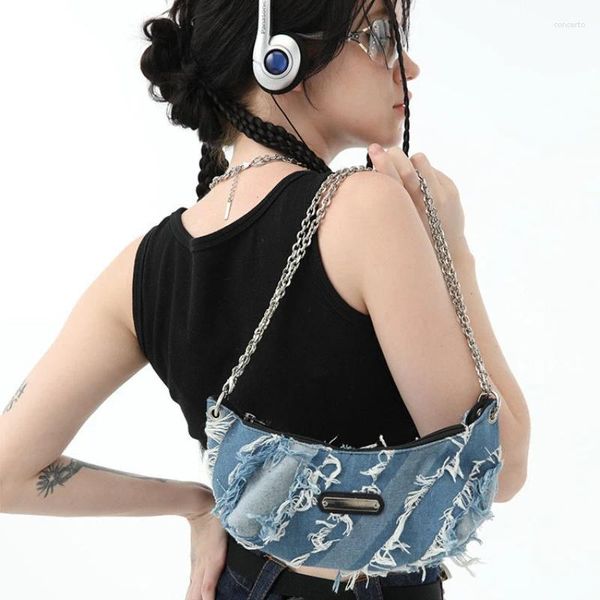 Omuz çantaları xiuya y2k tatlı serin kadın çanta zinciri denim püskül mavi el çantası Amerikan sokak tarzı hip hop punk moda crossbody