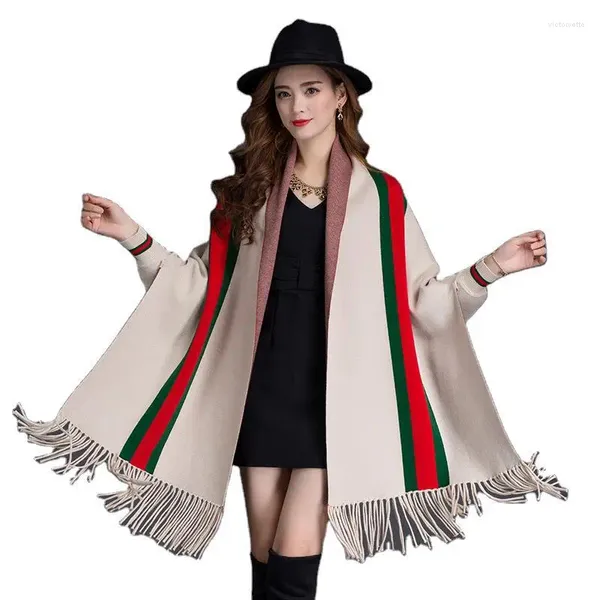 Sciarpe Autunno e inverno Mantella con maniche a righe con frange Cappotto spesso double face Cardigan lavorato a maglia con maniche a pipistrello femminile