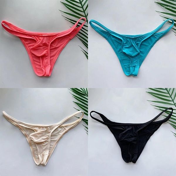 Mutande Intimo da uomo di marca Slip maschili in seta di ghiaccio ultrasottile Bikini sexy trasparente a vita bassa senza cuciture in tinta unita