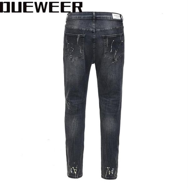 Dueweer swag lavado destruído jean streetwear joelho buraco biker jeans masculino tendência moda respingo tinta calças de brim magros para men183b