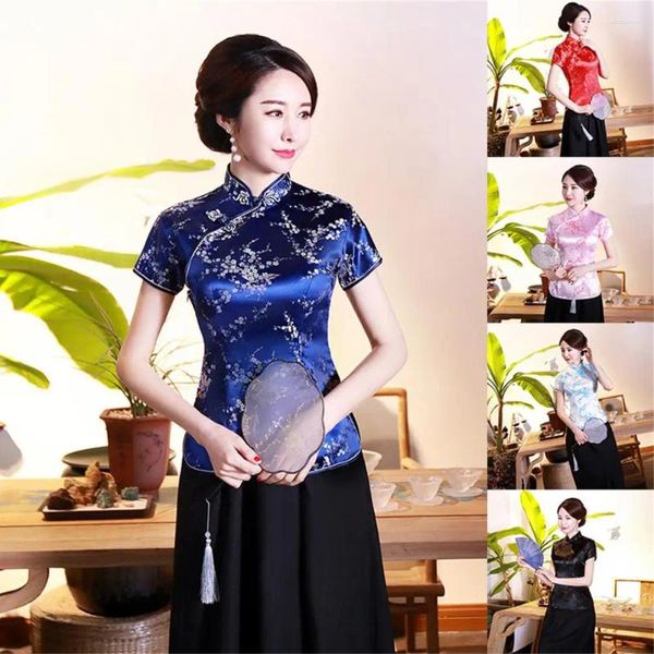 Camicette da donna Camicia Cheongsam da donna Stile cinese Stampa prugna Fibbie squisite Colletto alla coreana per matrimonio