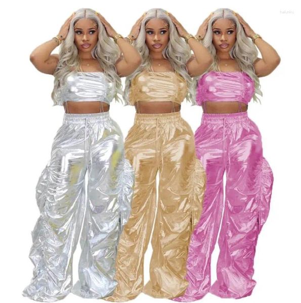 Calças femininas de duas peças Gold Sliver Metálico Aniversário Outfits Mulheres Peice Define Club Party Crop Top e Streetwear Hip Hop Rave Festival