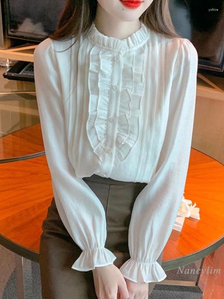 Женские блузки, шифоновая рубашка с рюшами, осенне-зимняя одежда 2023, модный красивый топ с длинными рукавами, офисная женская майка
