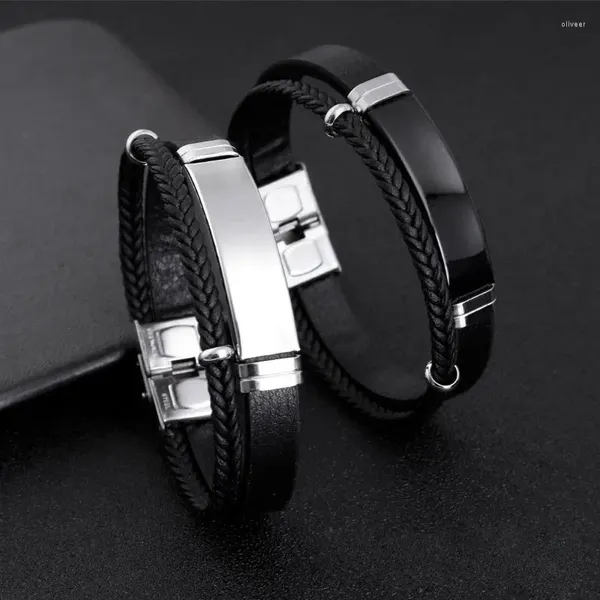 Link pulseiras de aço inoxidável pulseira homme dupla camada torção trança corda de couro para homens hiphop rock moda jóias acessórios