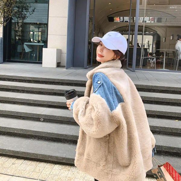 Jaquetas femininas hmsevenjz emendado denim jaqueta de lã de cordeiro para inverno espessamento de pelúcia 2023 moda coreana solta tendência casual