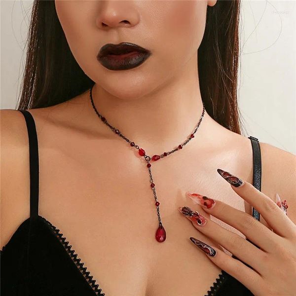 Girocollo Collana vintage gotica con gocce d'acqua di sangue di Halloween per donna Gioielli in cristallo rosso nero ragno farfalla luna stella