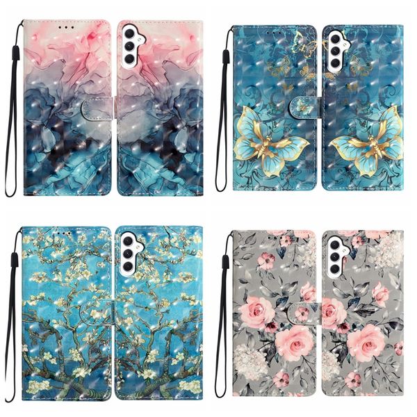 Capa carteira de couro 3D para Samsung S23 FE Ultra S22 Plus A15 A05S A05 A25 A34 A54 A14 A24 A04E A23 A04 A04S A73 A53 A33 Flor Borboleta Mármore Coração Crânio Capa Flip Cover