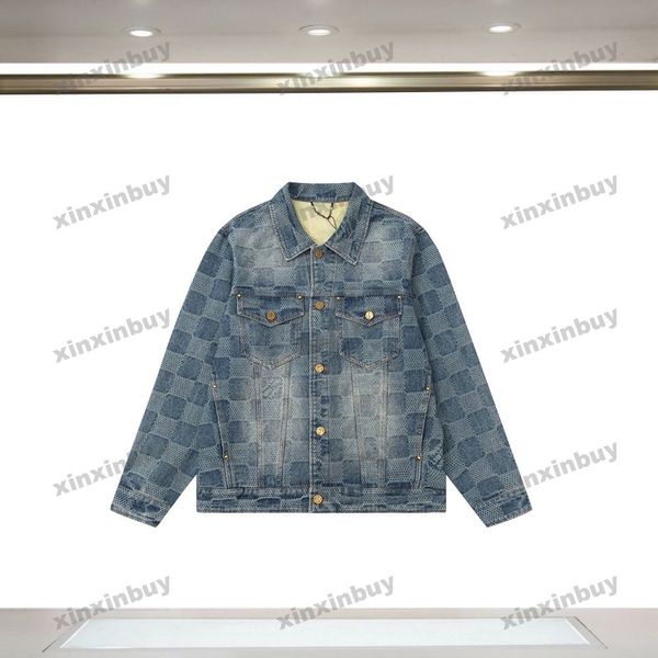 Xinxinbuy homens designer casaco jaqueta xadrez carta jacquard tecido denim define mangas compridas feminino vermelho preto azul marrom S-2XL