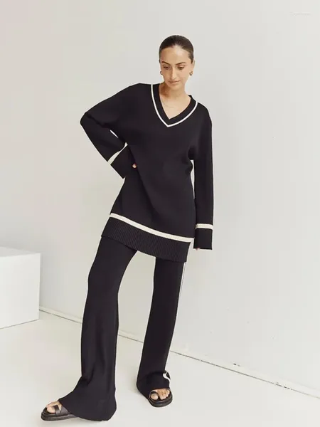 Suéter feminino casual solto retalhos pulôver suéter para mulheres 2023 outono inverno decote em v manga comprida com nervuras de malha senhora básica tops