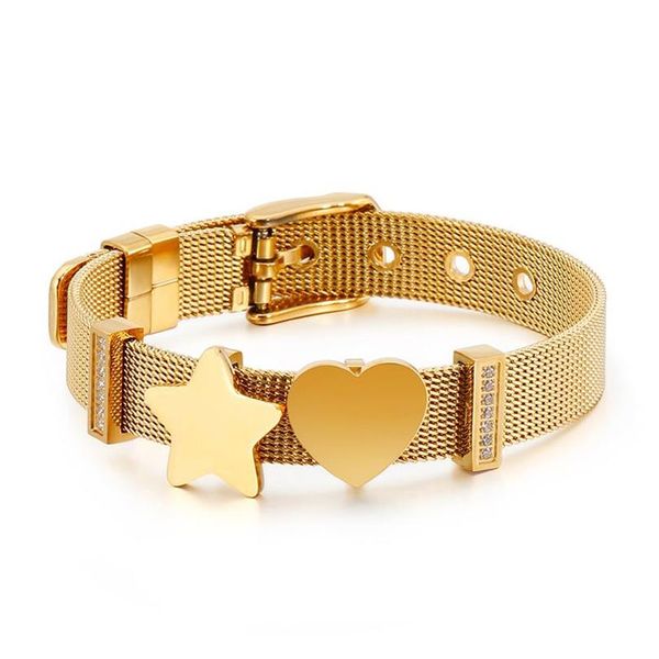 Novo 18k ouro moda feminina coração inoxidável estrela encantos cinto malha design pulseira de banda larga em 10mm pode ajustar o tamanho espanha ursos sty265n
