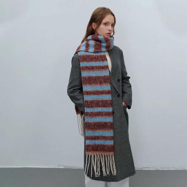 Шарфы, винтажный шарф для женщин, простые модные осенне-зимние утепленные теплые мохеровые шали с бахромой в полоску, женские шали