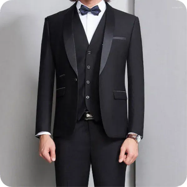 Abiti da uomo Italiano Nero Uomo Scialle da sposa Risvolto Slim Fit Smoking dello sposo Terno Masculino 3 Pezzi Giacca Pantaloni Gilet Retro Costume Homme