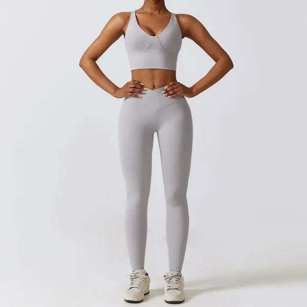 Set attivi Set da palestra per yoga Set da donna in due pezzi Reggiseno sportivo Leggings per allenamento in lycra Completo sportivo da donna Abbigliamento sportivo da donna Grigio