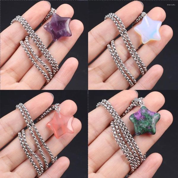 Ketten 10 Stück fünfzackiger Stern-Anhänger, natürlicher Halbedelstein, Amethyst, Rosenkristall, Achat, Metallkette, Halskette, Charm, Schmuck, Geschenk