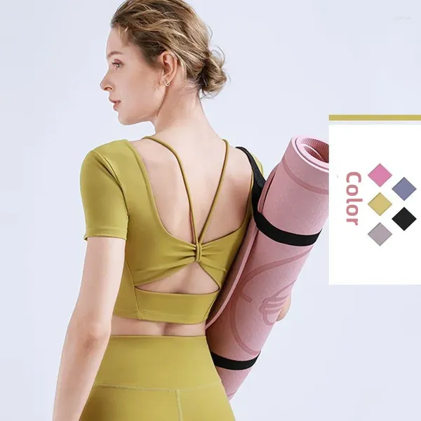 Yoga roupa sutiã esportivo para mulheres ginásio sem costura alças de alto impacto ombro fino oco-para fora topos nus almofadas de peito de manga curta