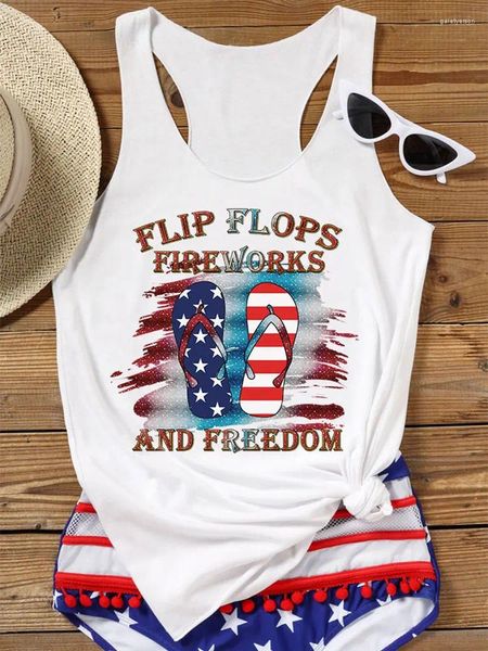 Kadın Tankları 2023 Flip Flops Fireworksfreedom Amerikan Bayrak Tank Retro Yaz Kadın Mektubu Baskı İnce Fit Döküm Baharatlı Kız Seksi