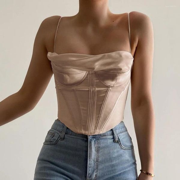 Tanques femininos Ásia Satin Corset Top Spaghetti Strap Lining Cowl Neck Boning Acolchoado 2 Camadas Backless Zipper Bustier Sexy Crop Tops Mulheres 2023