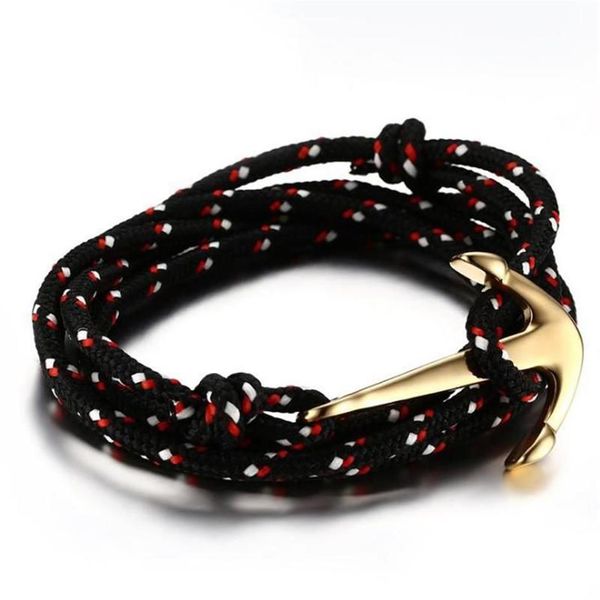 Bracelet en Nylon et acier titane pour hommes, corde noire, ancre, plaqué or, bijoux cadeau, 297G