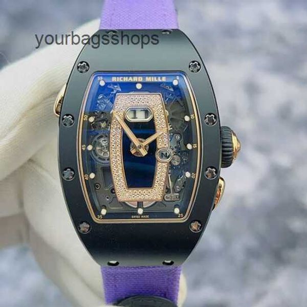 Orologio da pilota tattico Orologio da polso meccanico automatico RM RM037 Orologio da donna Serie RM037 Materiale ceramico nero Lato in oro rosa Visualizzazione della data Quadrante scavato Mech 7H8Z