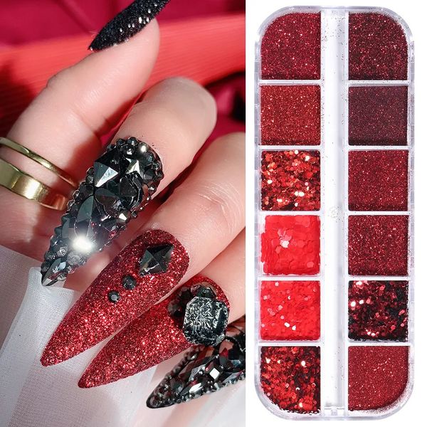 Polveri acriliche liquide 12 griglie glitter rosso polvere per nail art olografico rotondo esagonale paillettes lamina sabbia immersione accessori per manicure LYRD05 231017