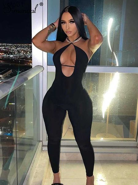 Kadın Tulumları Tulumlar Simenual Black Crossed Sleavage Maxi Tulum Kadın Sokak Tarzı Zarif Bodysuit Seksi kolsuz Sıska Fe Playsuitl231017