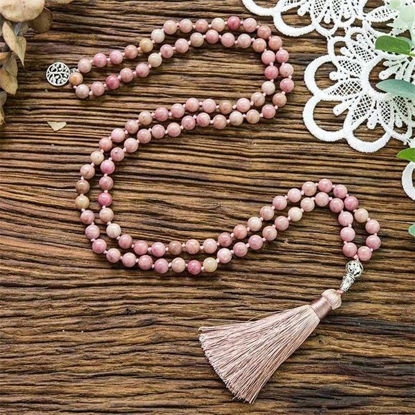 Anhänger Halsketten 8mm Natürlicher Rhodochrosit Geknotet 108 Perlen Japa Mala Halskette Meditation Yoga Segen Gesundheit Schmuck Frauen Cha2755