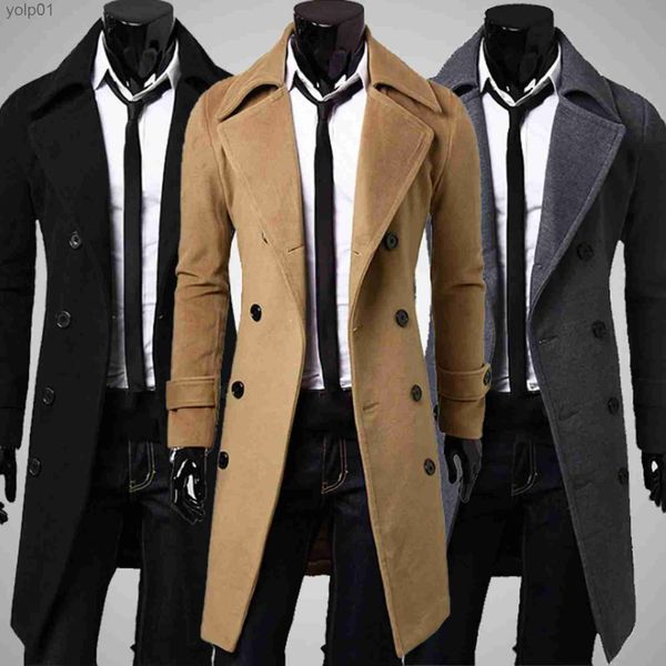 Misturas de lã masculina outono inverno longo trench coat trespassado cor sólida comprimento médio à prova de vento grosso jaqueta fina britânica gabardina hombreL231017