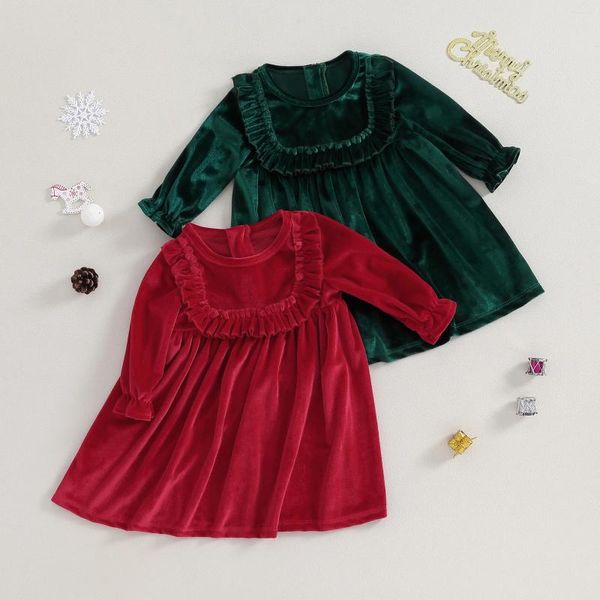 Kız Elbise Pudcoco Çocuk Noel Elbise Düz Renk Uzun Kollu Velvet A-line Party Toddler Bebek Bahar Kıyafetleri 6m-4t