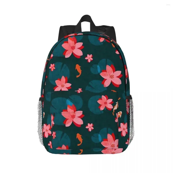 Mochila sereno caprichoso koi lagoa com água lírios flores e almofadas adolescente bookbag saco de escola viagem mochila ombro