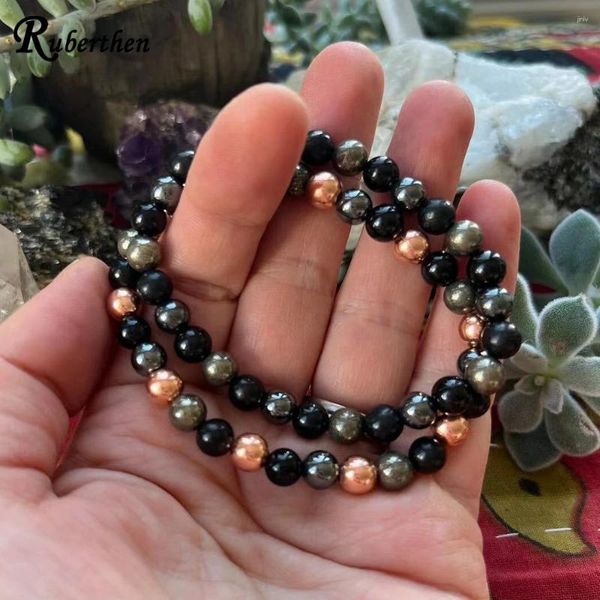 Strand ruberthen 6 mm pirita cobre magnético hematita turmalina preta misturada pulseira conjunto artesanal pulso mala mulheres yoga jóias