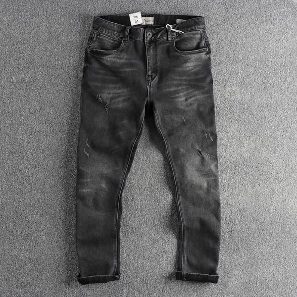 Jeans masculinos outono preto retro simples desgastado homens caber pequeno perna reta tudo tendência para fazer calças velhas