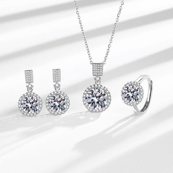 Conjunto de joias de diamante de laboratório artesanal, prata esterlina 925, festa, anéis de casamento, colar para mulheres, joia de moissanite, presente