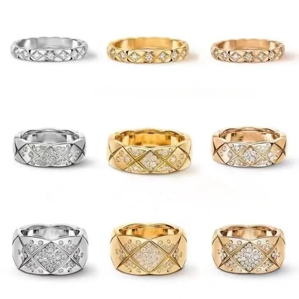 Classico plaid con diamanti Anello di design di lusso Anello da donna con diamanti Oro bianco Oro rosa Non sbiadisce Argento sterling di alta qualità Anello per coppia in acciaio al titanio