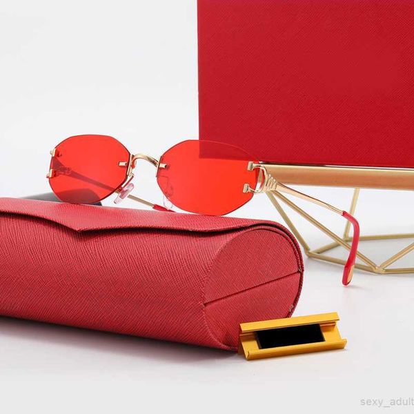 Rote, ovale Mode-Sonnenbrille, Designer-Damen-Strandsonnenbrille mit Farbverlauf, klassisch, rahmenlos, für Männer, goldenes Gefühl von Luxus, Herren-Sonnenbrille, trendiger kleiner Brillenrahmen