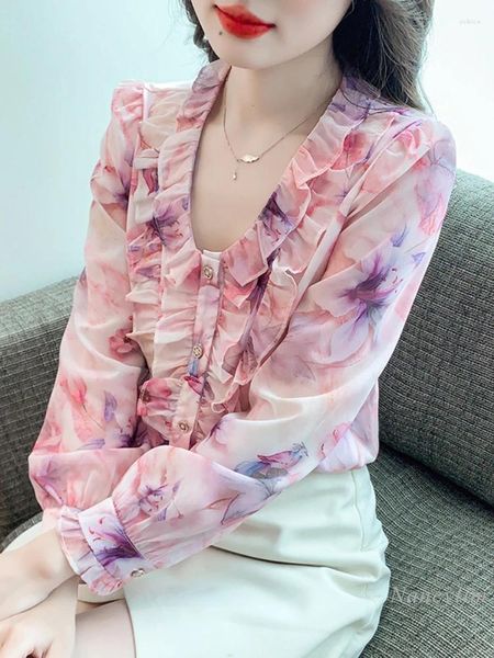 Blusas femininas babados floral chiffon camisa outono roupas 2023 design sentido nicho manga longa mais jovem topo tudo combinando