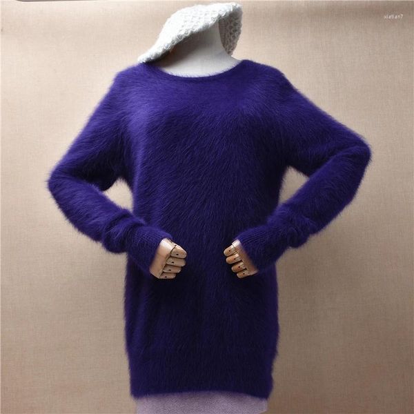 Suéter feminino feminino outono inverno roupas roxo peludo mink cashmere malha o-pescoço blusas finas angora pele médio longo suéter