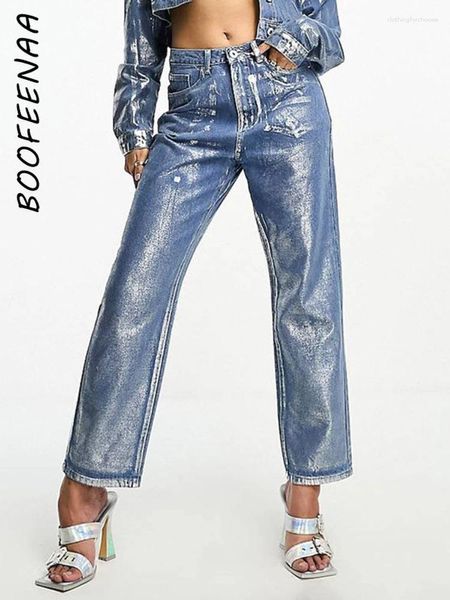 Damen Jeans BOOFEENAA Metallic Gold Silber Gerade Bein Hohe Taille Hosen Für Frauen Streetwear Vintage Herbst Denim Hosen C85-HG65