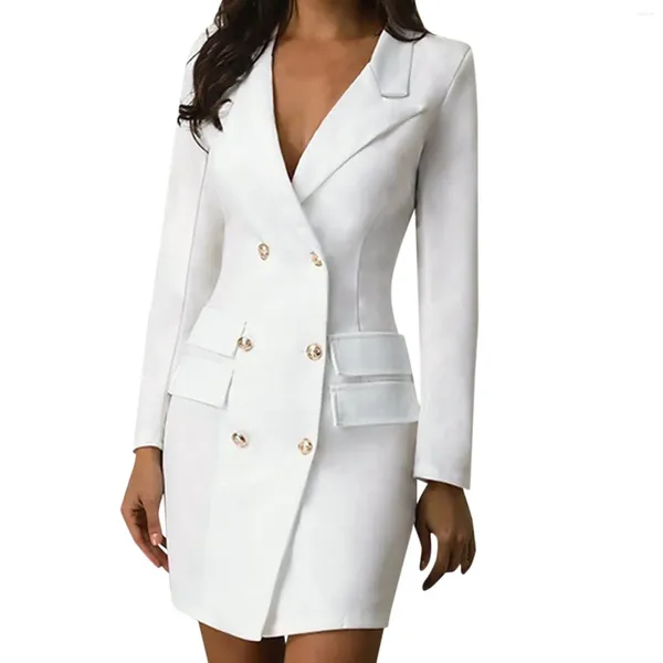 Lässige Kleider Elegantes langärmeliges Blazerkleid Weiß Zweireiher, figurbetont, Bleistift, Büro für Frauen, Revers, Arbeit, Party, formal, 5XL