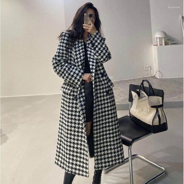 Casacos de trincheira femininos misturas de lã vintage preto branco houndstooth casaco mulheres outono chique longo entalhado pescoço ternos jaquetas femme