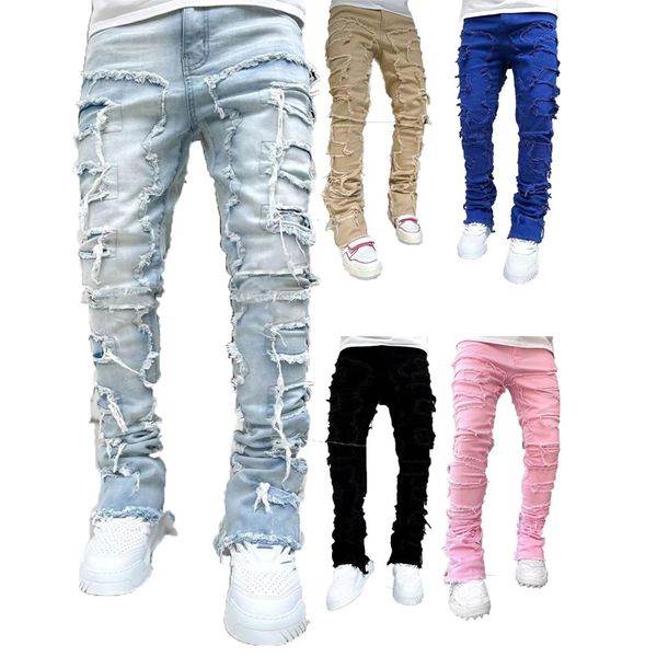 Jeans masculinos angustiados destruídos calças jeans retas streetwear roupas casuais jean outono inverno calças de rua preto branco azul rosa streetwear sweatpants