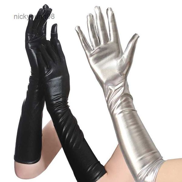 Fingerlose Handschuhe aus Lackleder, sexy, schwarz, lange Handschuhe, Damen-Vollfinger-Handschuhe, Abendparty, Performance-Fäustlinge, Ellenbogenlänge, langer beschichteter Handschuh, L231017