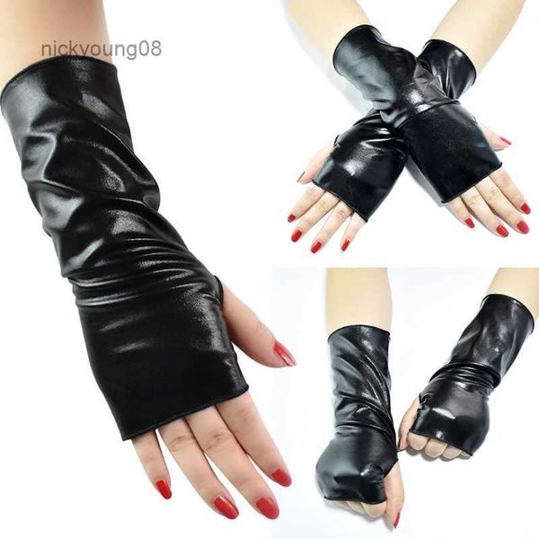 Fingerlose Handschuhe Frauen Punk Shiny Faux Patent Leder Kurze Fingerlose Handschuhe Halloween Kostüm Hip Hop Dance Party Halbe Finger FäustlingeL231017