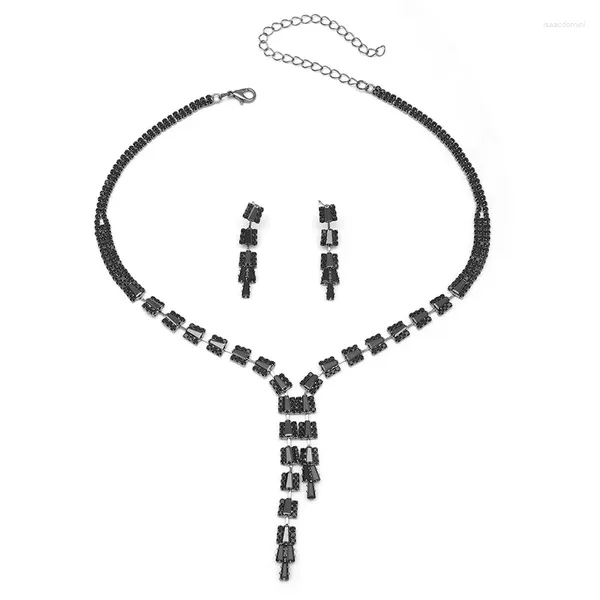 Colar brincos conjunto requintado geométrico preto cristal colares conjuntos para mulheres vintage nupcial festa de noivado de casamento