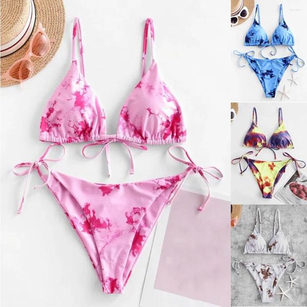 Conjunto de roupa de banho feminina peça renda dois biquíni alto tie-dye impressão corte sexy perna up roupa de banho tankinis para meninas adolescentes