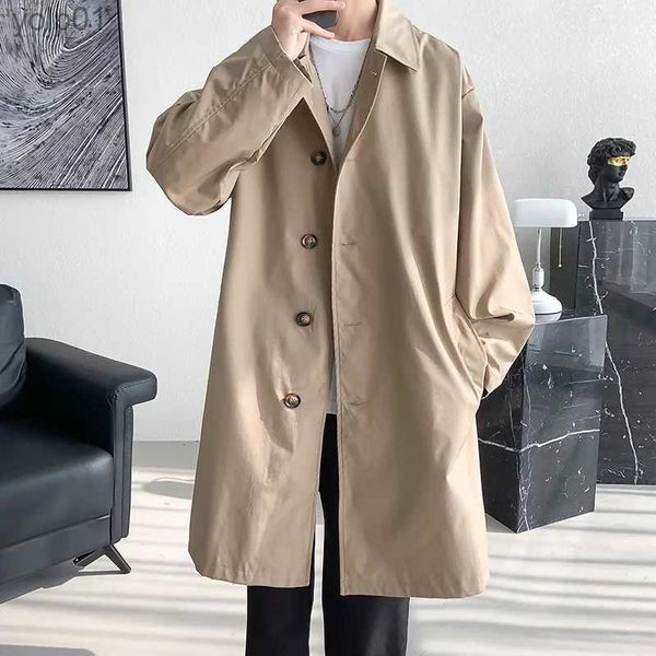 Casaco de lã masculino mistura casaco de trincheira moda longo blusão masculino cor sólida único breasted solto casual trench homem streetwear plus size M-5XLL231017