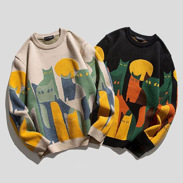 Tasarımcı Sweater Kadınlar Artistic Unisex Örgü Kedi Kazak Karikatür Kazak Gevşek Örgü Çift Temel