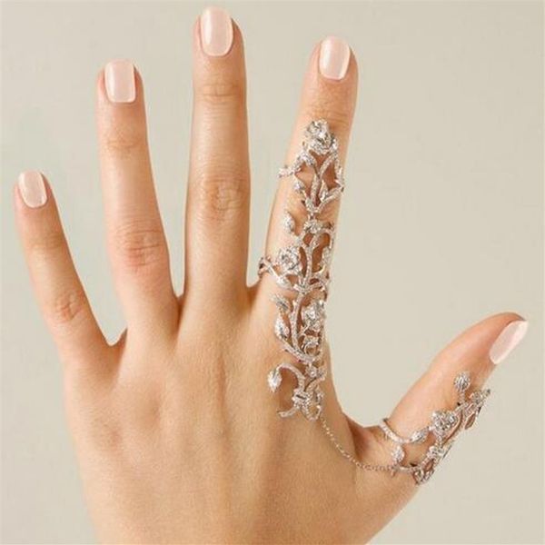 Moda jóias vintage ouro prata corrente link dois anéis de dedo para mulheres anel duplo liga folhagem casamento amor anillos307o
