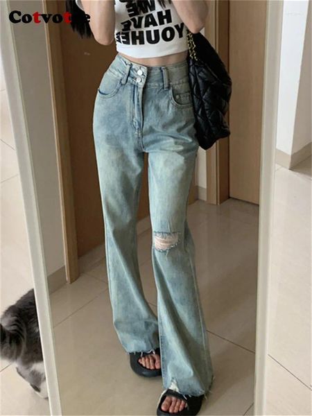 Jeans femininos cotvotee cintura alta para mulheres 2023 moda 2 botão arranhado streetwear flare vintage comprimento total y2k calças